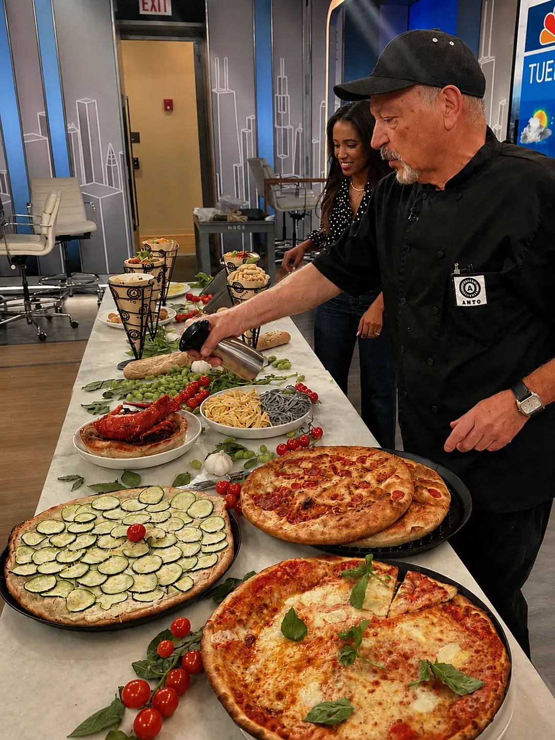 Chef Tony Barbanente presenting pizzas and pasta cones on a Chicago television studio set